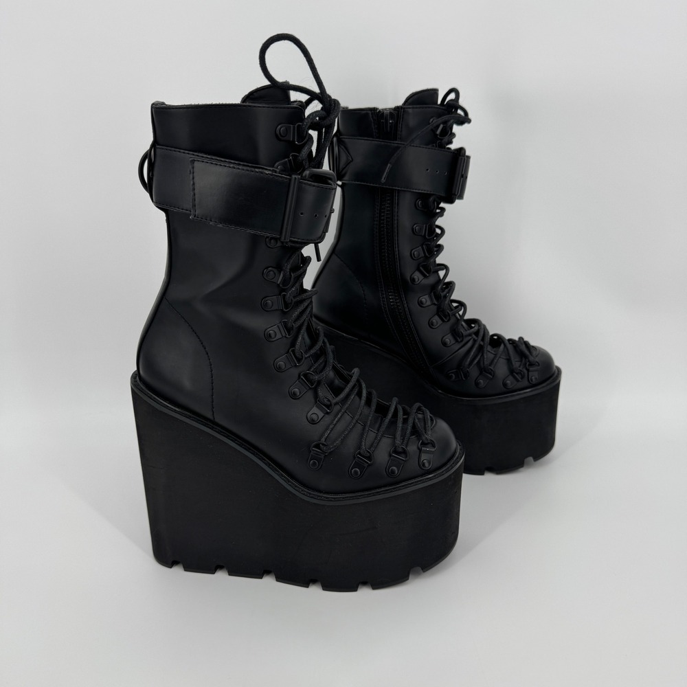 Current Mood Traitor Boots 7 Black Platform Wedge Goth Punk Combat Buckle - Picture 6 of 13